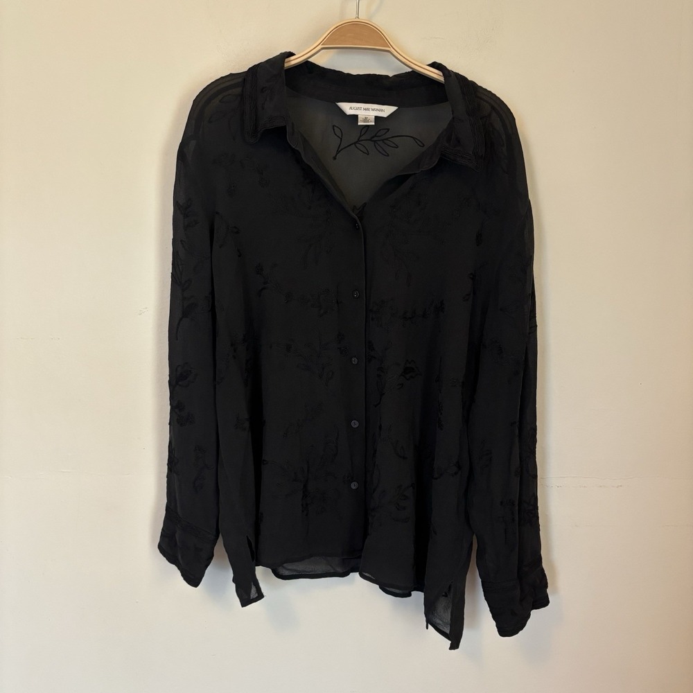 August‎ Max Women's 100% Silk Shirt Black Button Down Embroidered Whimsigoth 2X